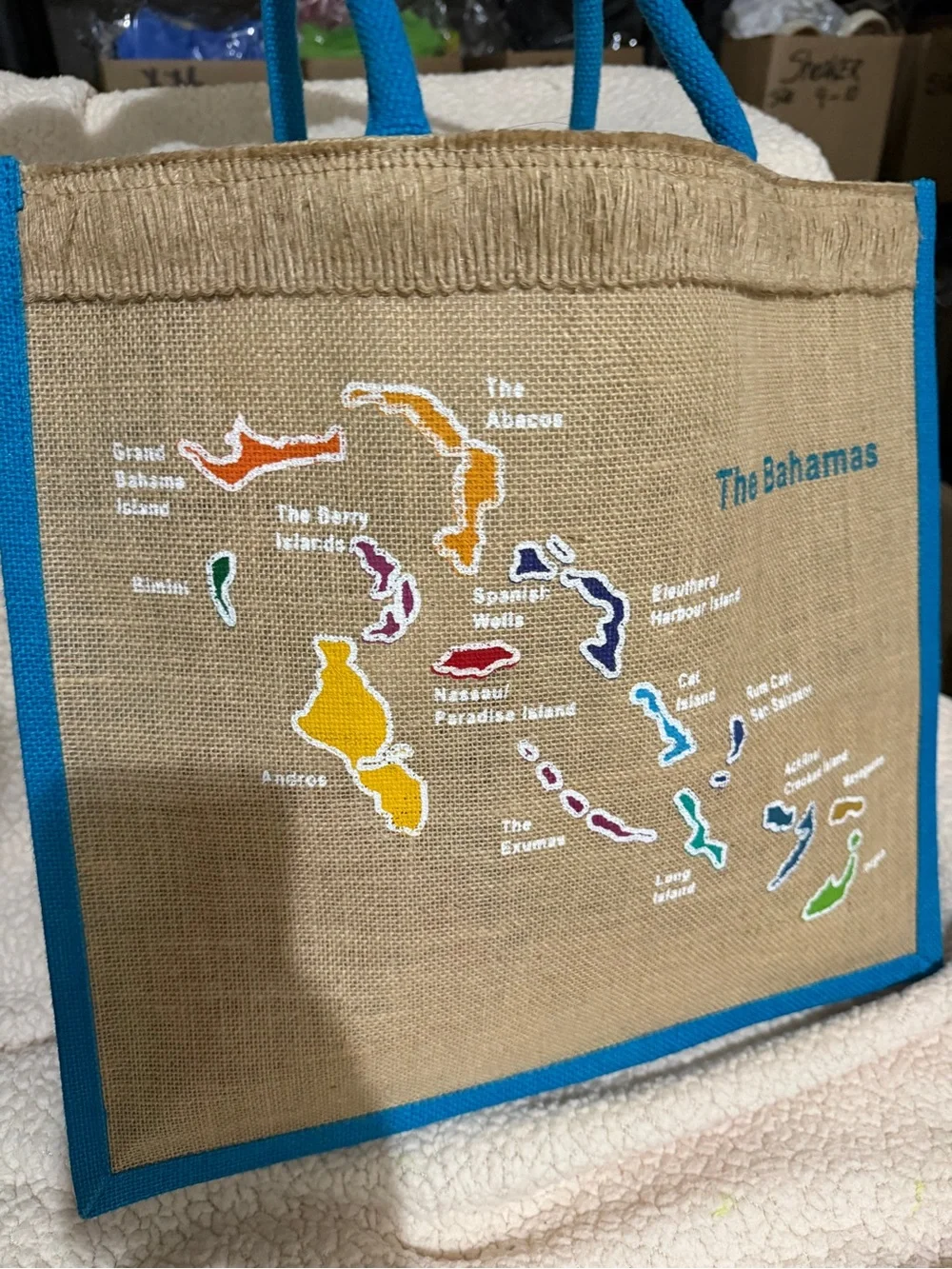 The Bahamas Jute Laptop Tote Bag with Blue Trim